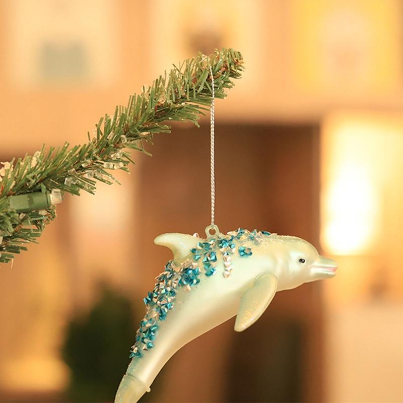 Christmas Tree Ornament Cute Glittered Glass Jeweled Dolphin Hanging Pendant
