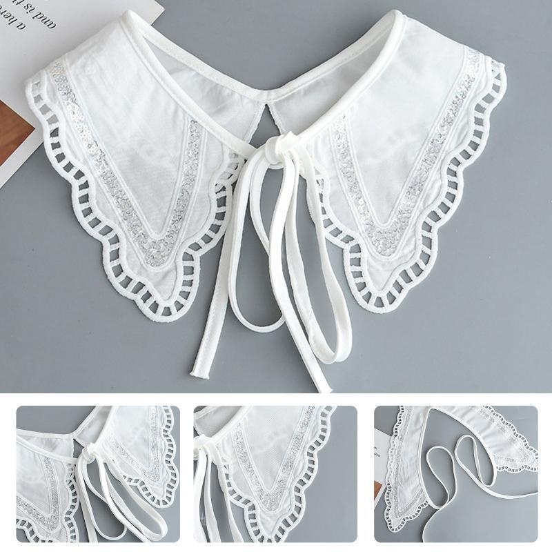 Women Crochet Sequins Patchwork Faux Collar Shawl Hollow Wavy Trim Lace-Up Cape