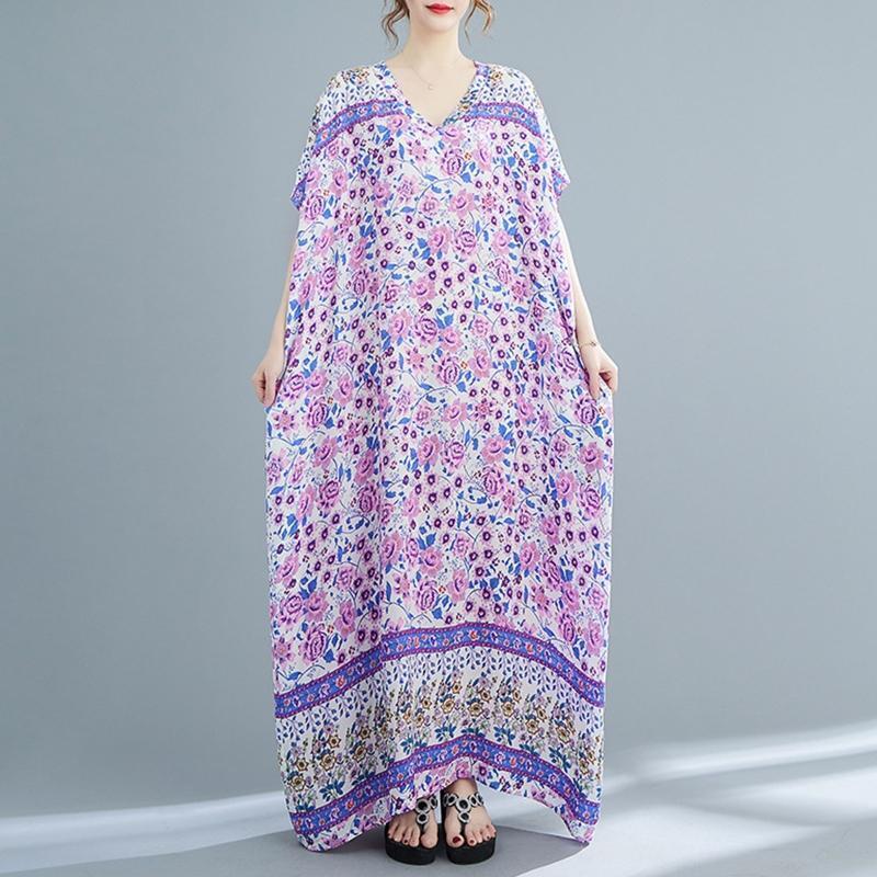 Women Loose Kaftan Swimsuit Cover Up Short Sleeve V-Neck Floral Beach Maxi Dress