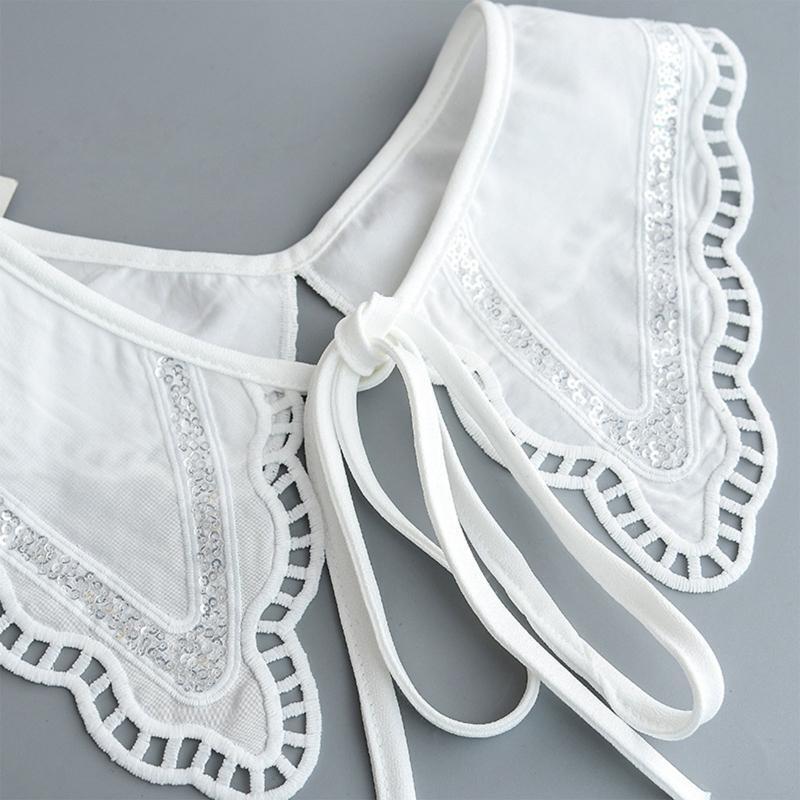 Women Crochet Sequins Patchwork Faux Collar Shawl Hollow Wavy Trim Lace-Up Cape