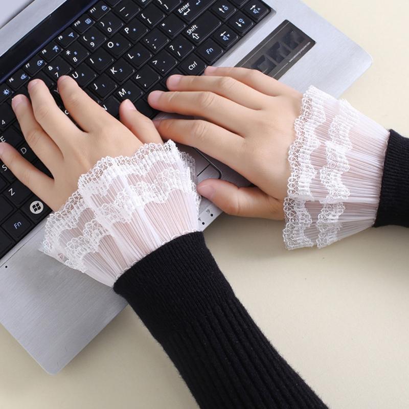 1 Pair Women Girls Flared Sleeves Layered Lace Pleated Ruched False Cuffs