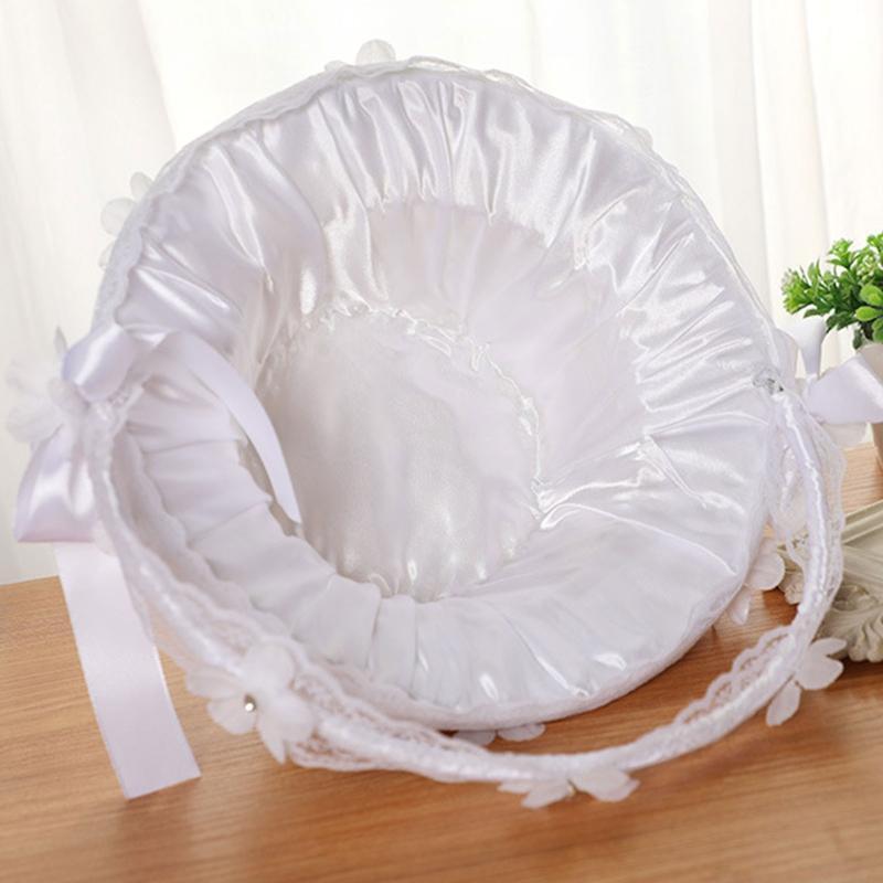 Flower Girl Basket with Removable Lace Handle for Wedding Faux Flowers Decor