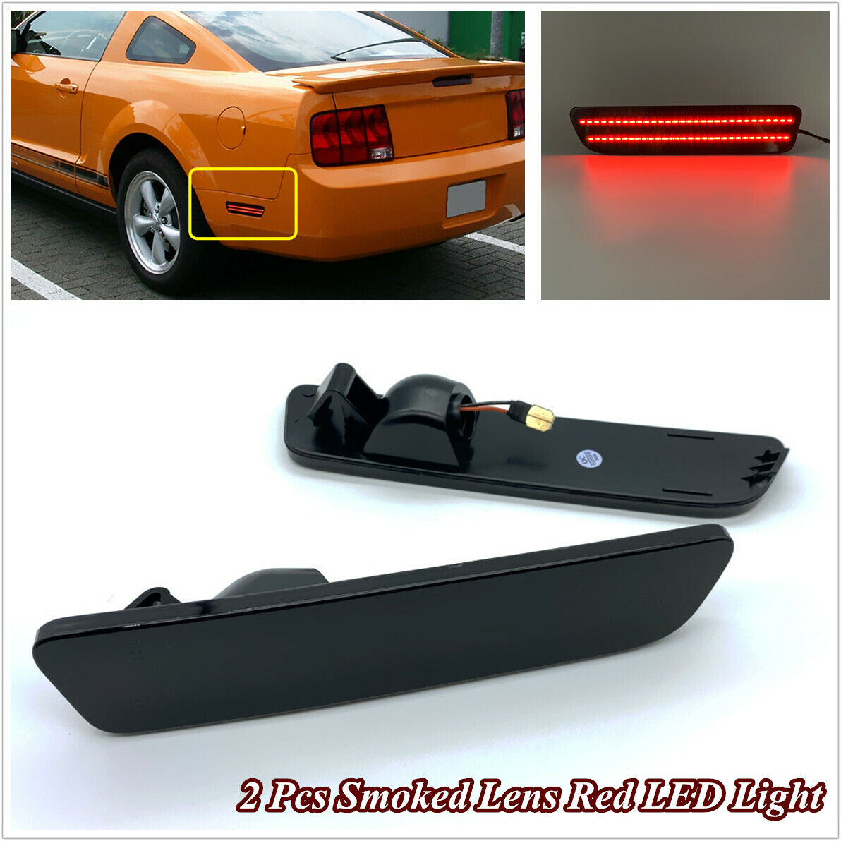 2 Pcs Smoked Lens Red LED Rear Bumper Side Marker Light For 2005-09 Ford Mustang