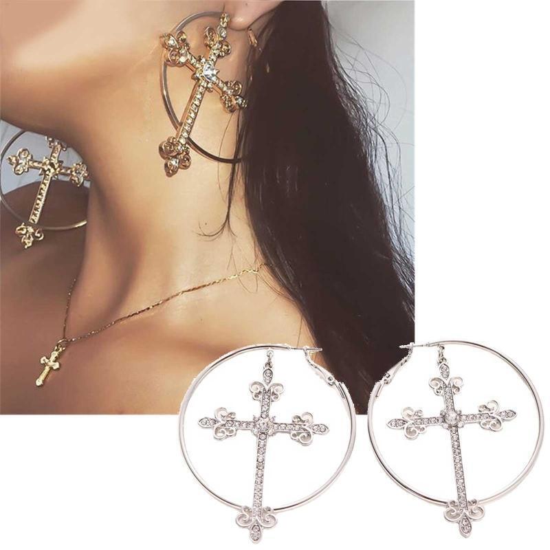 European American Metal Geometric Cross Circle Earrings Net Celebrity Jewelry