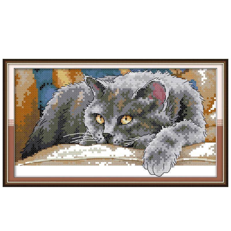 Kneeling Cat DIY Handmade Needlework Counted 14CT Printed Cross Stitch Kit Set