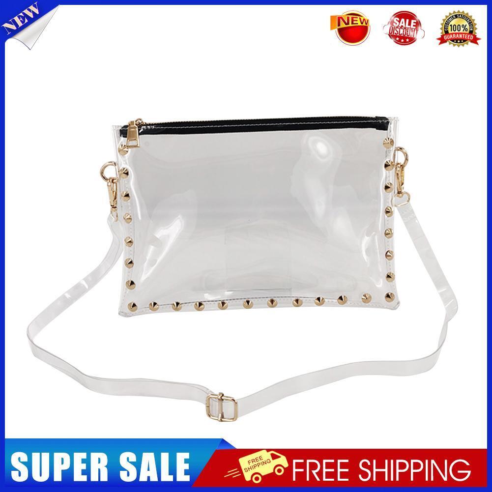 Women PVC Clear Shoulder Bag Lady Rivet Zipper Stadium Approved Handbag