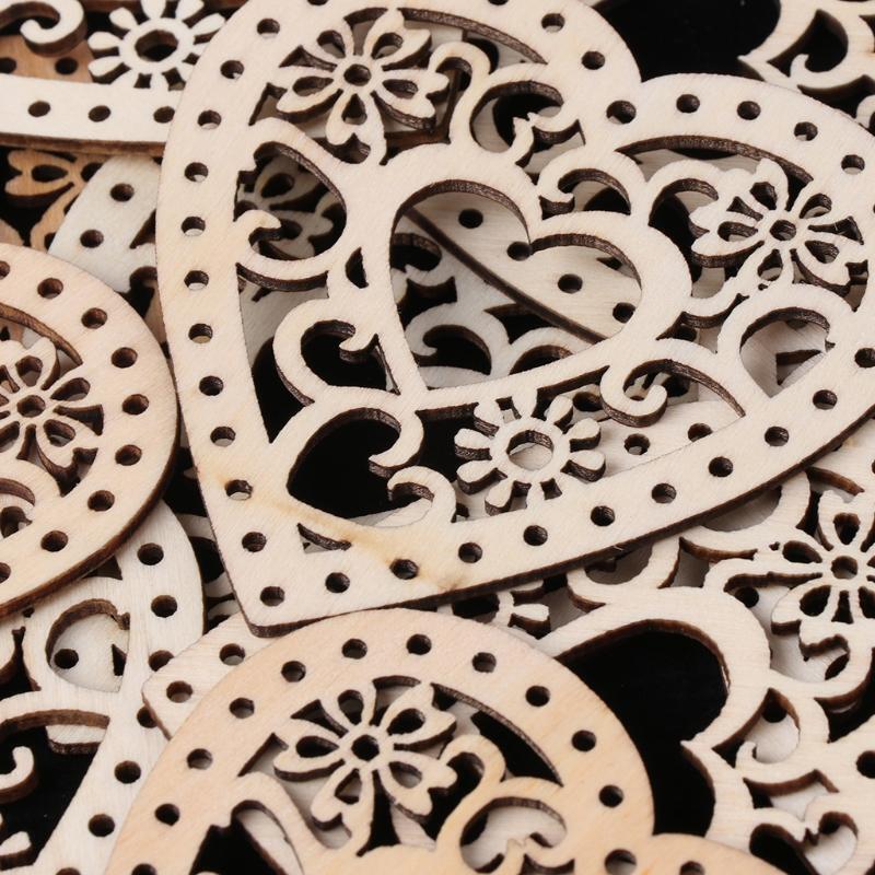 10Pcs Heart Shap Hollow Unfinished Wooden Hanging Ornament DIY Decor With String