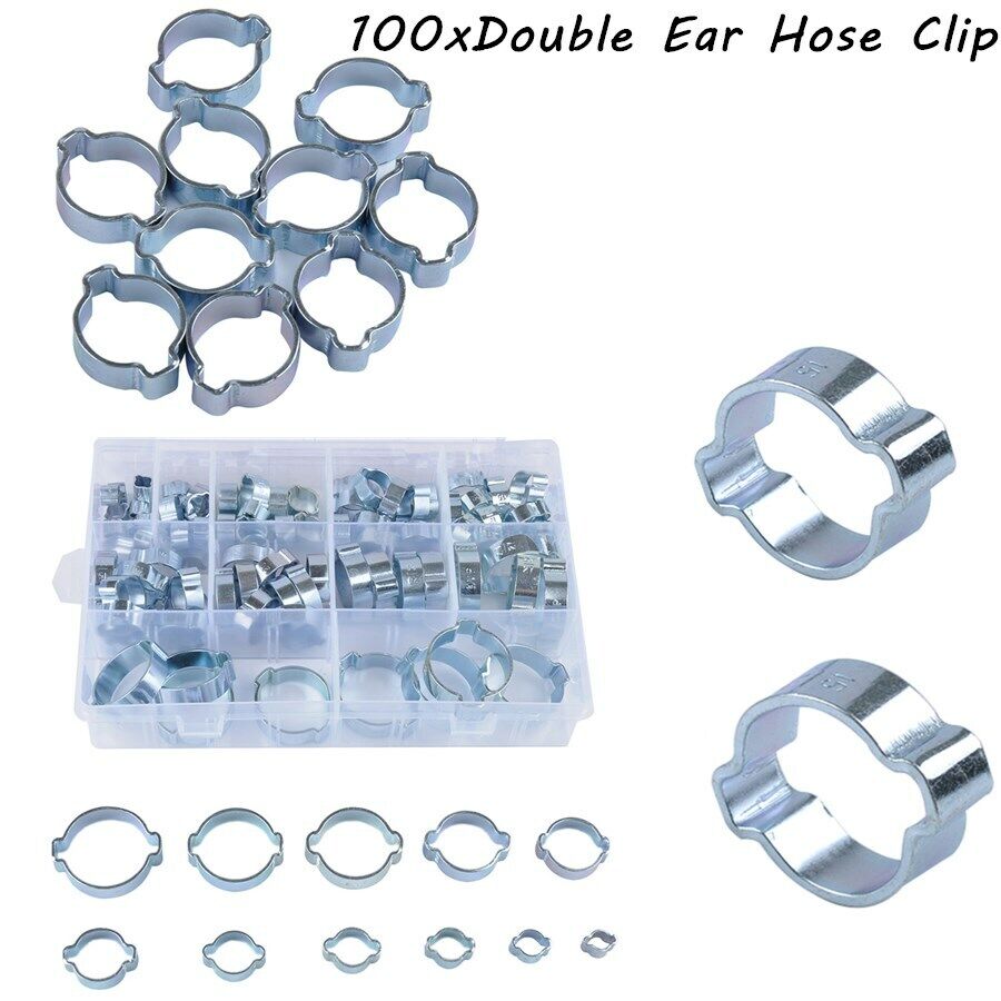 100 × Double Ear Hose Clips Water Fuel Air Clamps For Zinc Plated Assortment Box