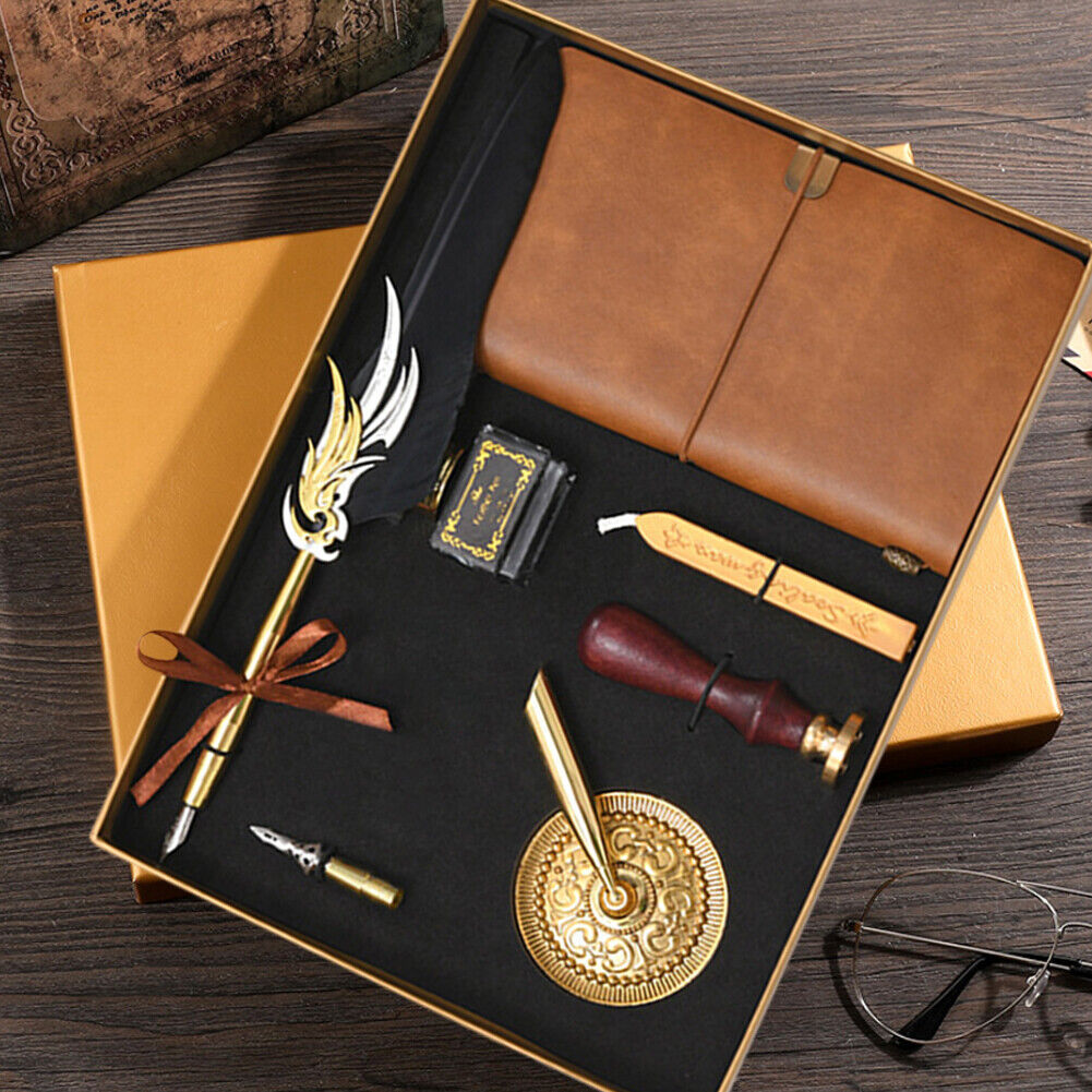 Notebook Ink Bottle Calligraphy Feather Dip Pen Set Stationery Box (Black)
