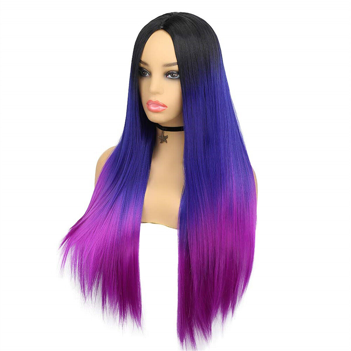 Women Rainbow Wigs Black to Blue to Purple Long Straight Colored Ombre Hair Wigs