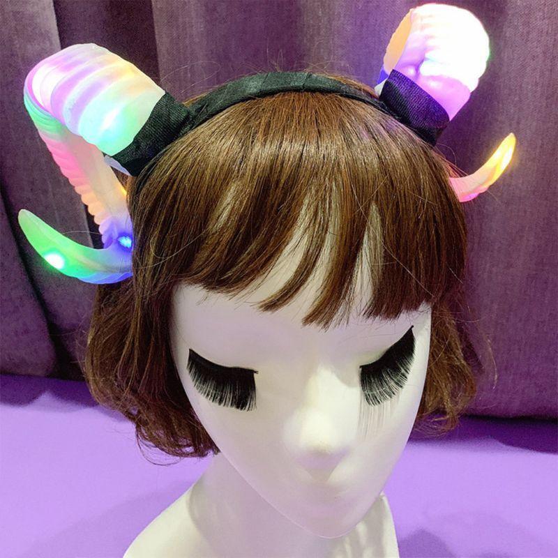 Gothic Womens Antelope Sheep Horn Headband LED Glowing Party Hair Hoop Light Up