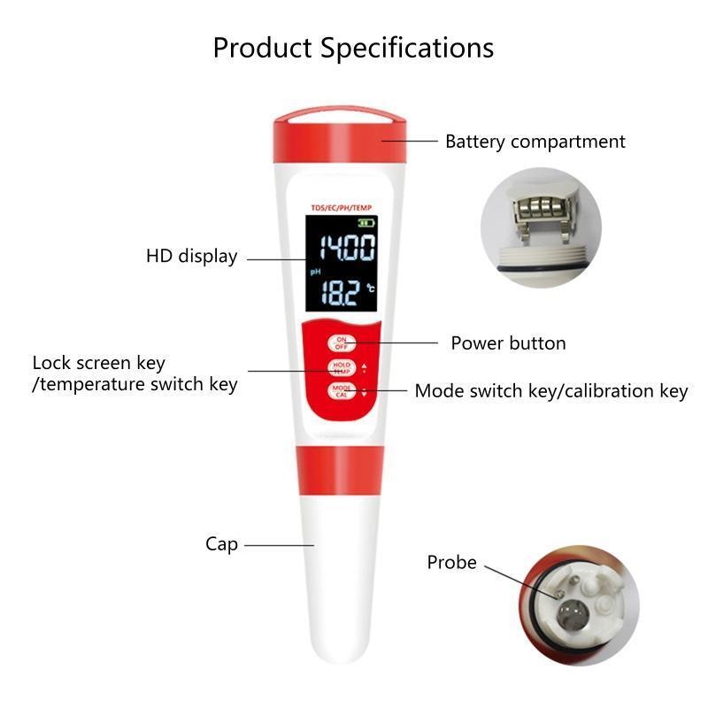4 IN 1 TDS PH Meter PH/TDS/EC/Temperature Meter Digital Water Quality Monitor