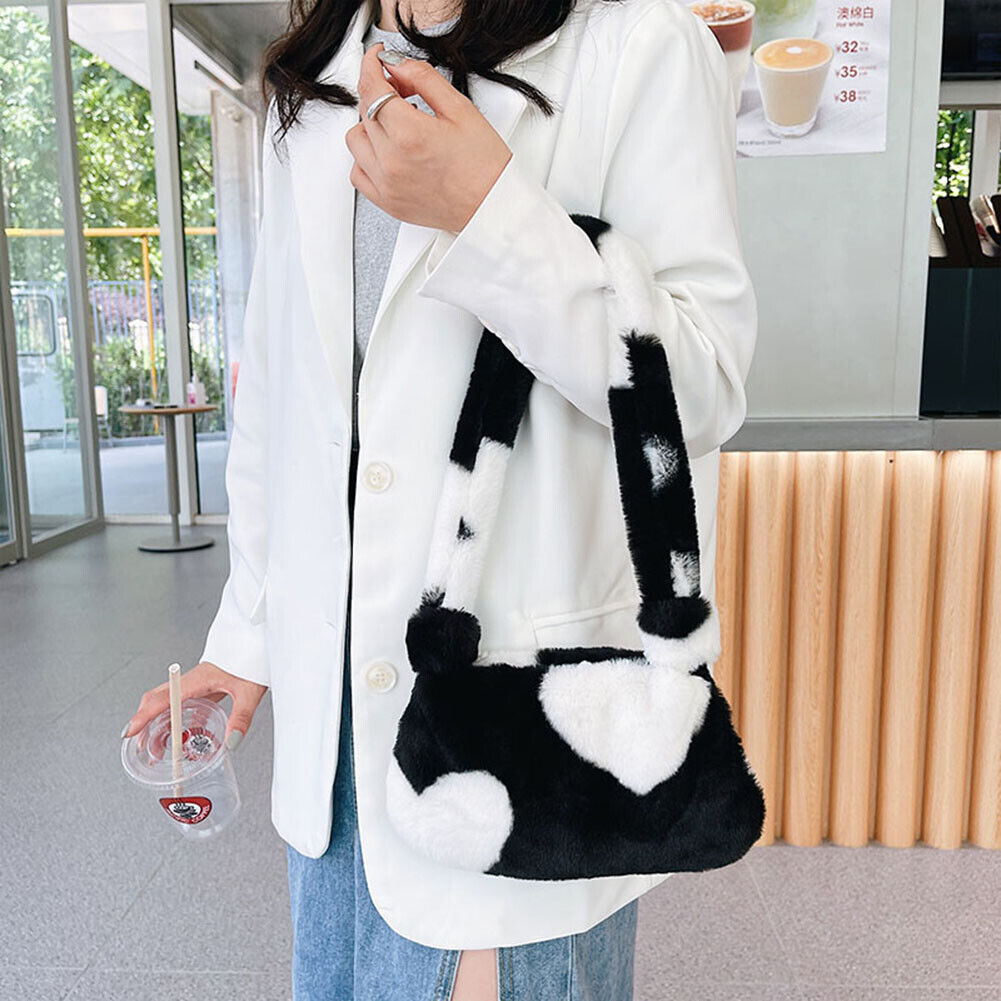 Fashion Women Flower Love Print Plush Shoulder Bag Handbags (Black Heart)