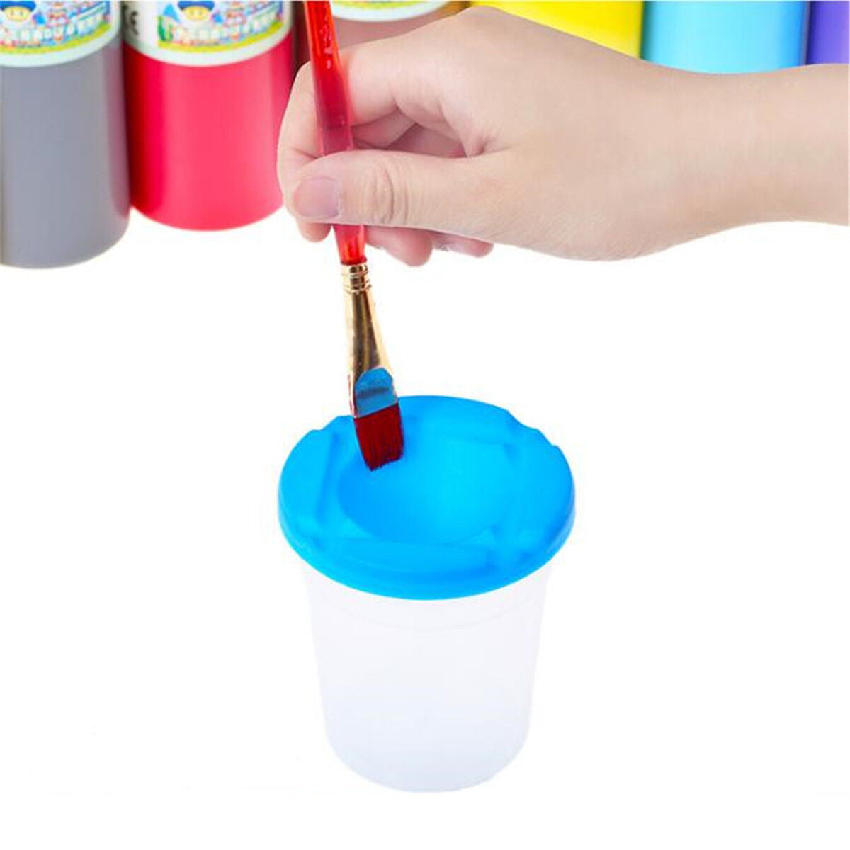 Non Spill Water Pots Lid & Stoppers Plastic Artist Paint Brush Holder & Cleaner