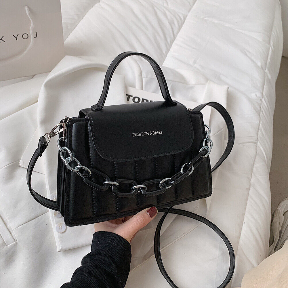 Casual Women Pure Color PU Chain Shoulder Bag Fashion Mini Handbags (Black)