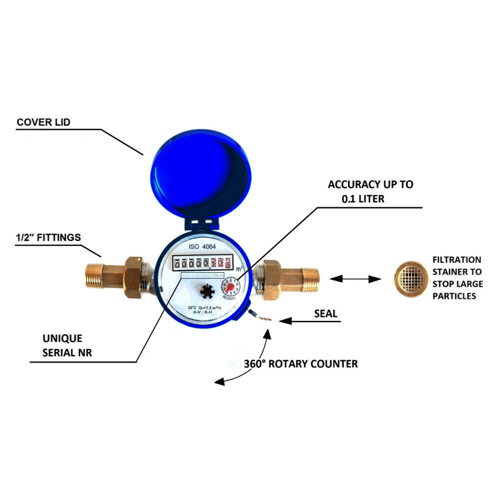 15mm 1/2 inch Cold Water Meter for Garden Home Using with Free Fittings
