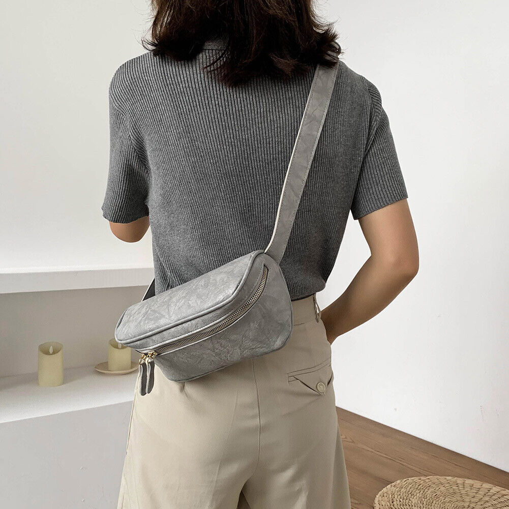 Fashion PU Shoulder Bag Women Solid Fanny Zip Chest Crossbody Pack (Grey)