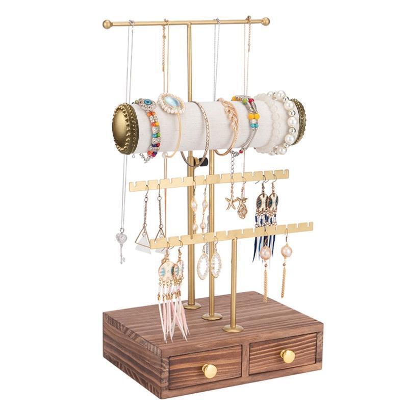 Jewelry Organizer Wooden Jewelry Drawer Storage Box 4 Tier Jewelry Tree Stand