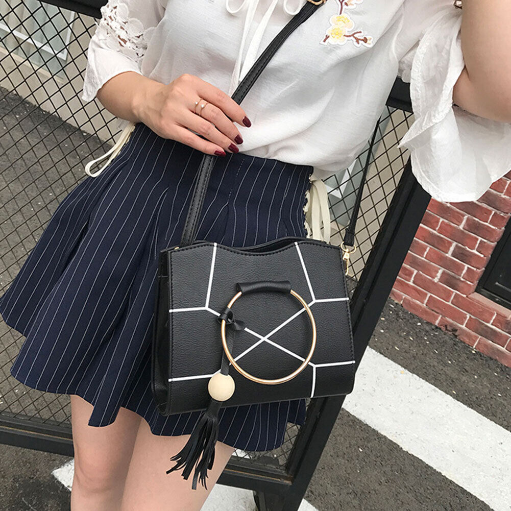 Women PU Leather Floral Printed Tassel Handbag Crossbody Shoulder(Black)