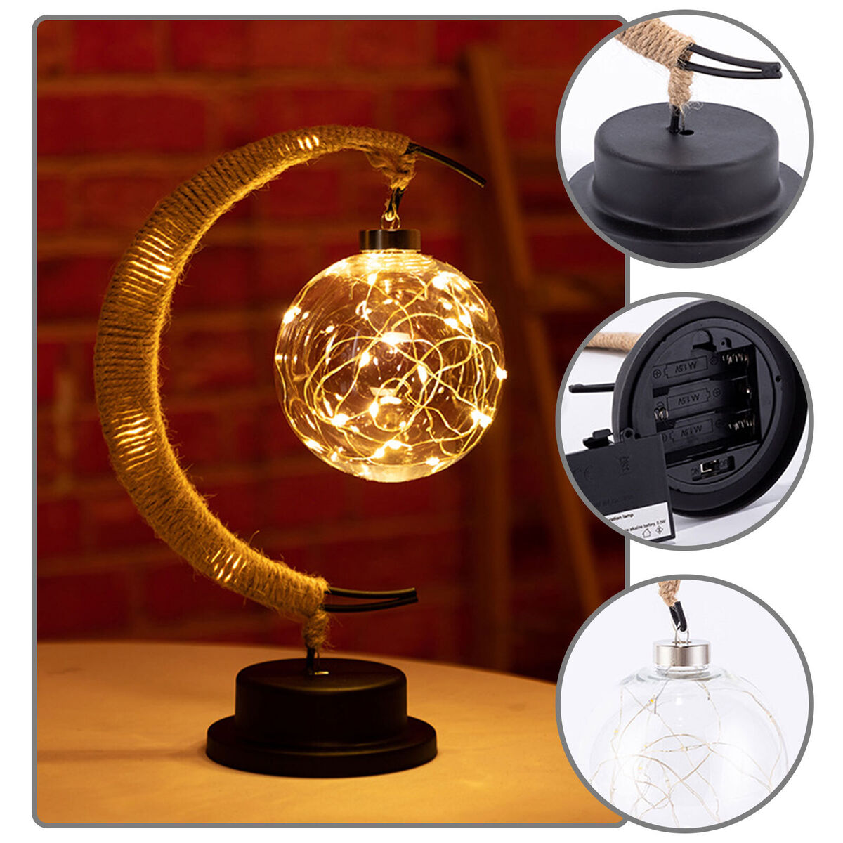 LED Moon Sepak Takraw Lamp Handmade Hemp Rope Wrought Iron Night Light Home