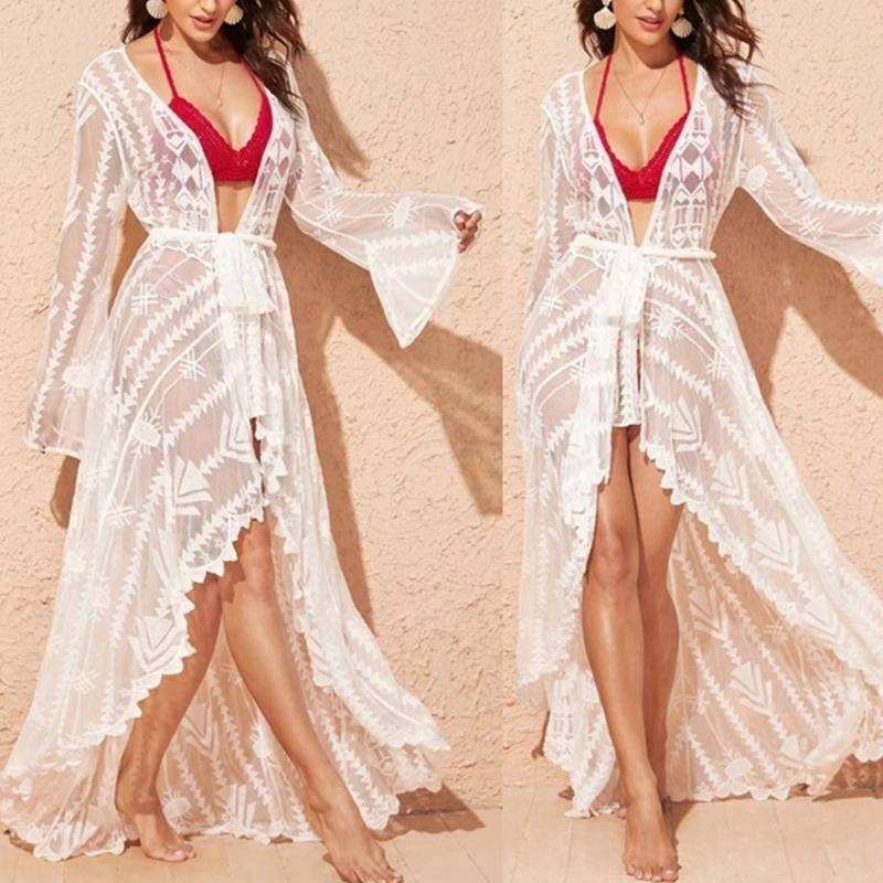 Women Flare Sleeve Cardigan Striped Lace Beach Dress Flowy Swimsuit Cover Up