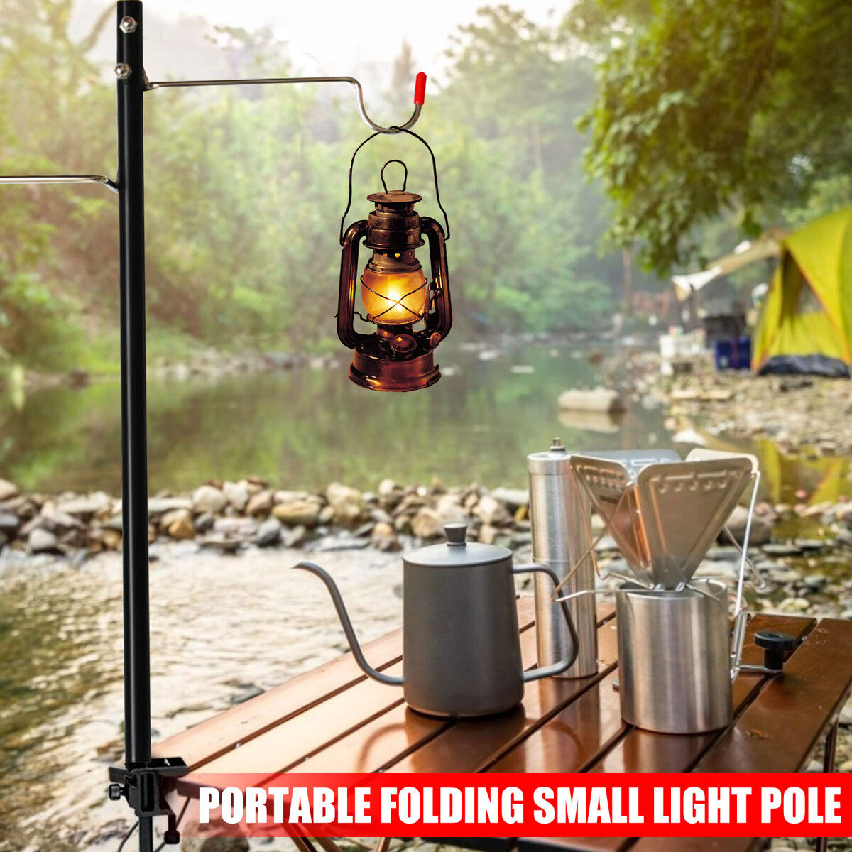 Folding Lantern Post Pole - Collapsible Hanging Light Stand Holder Hook