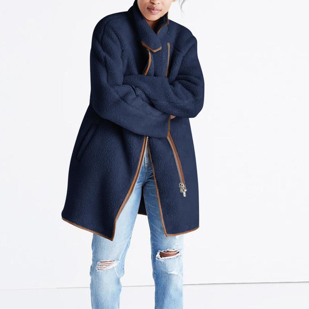 Splicing Color Long Sleeve Coat High Neck Women Zip Outwear (Dark Blue XL)