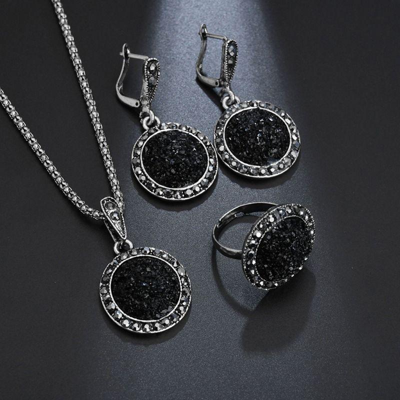 1 Set Black Round Rhinestone Necklace Earrings Ring Wedding Jewelry Sets Women