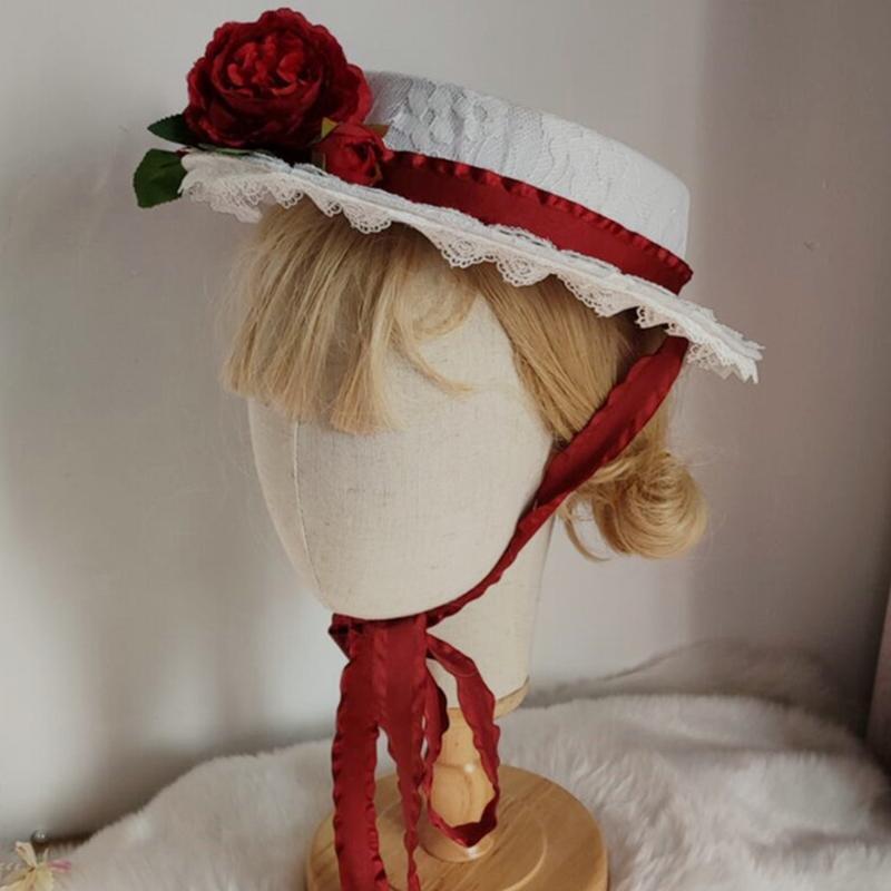 Sweet Lolita Lace-up Flat Top Hat Japanese Girl Flower Tophat for Wedding Church