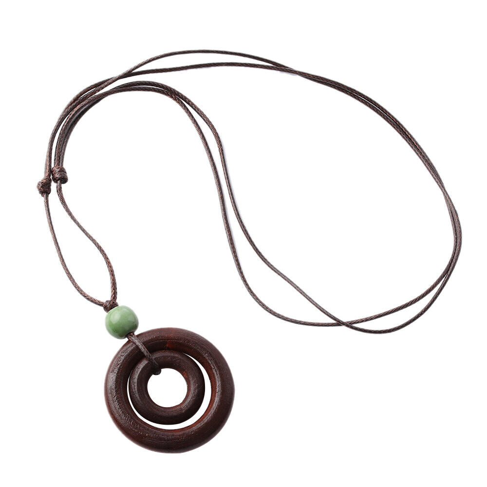 Jewelry Brown Bead Women Double-circle Pendant Long Wood Necklace Rope Chain