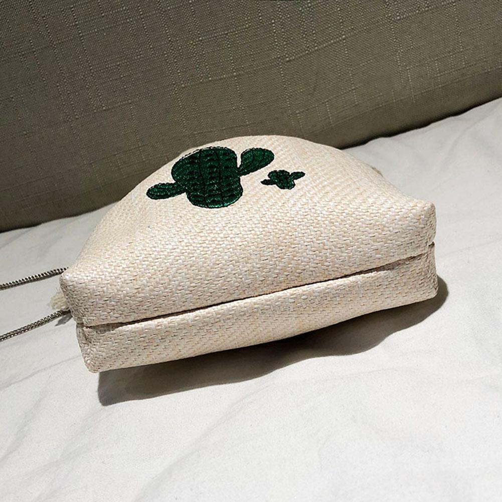 Cactus Embroidery Straw Crossbody Bucket Mini Women Chain Shoulder Bags