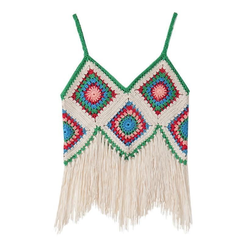 Women Boho Spaghetti Strap Camisole Crochet Contrast Color Plaid Tassel Crop Top