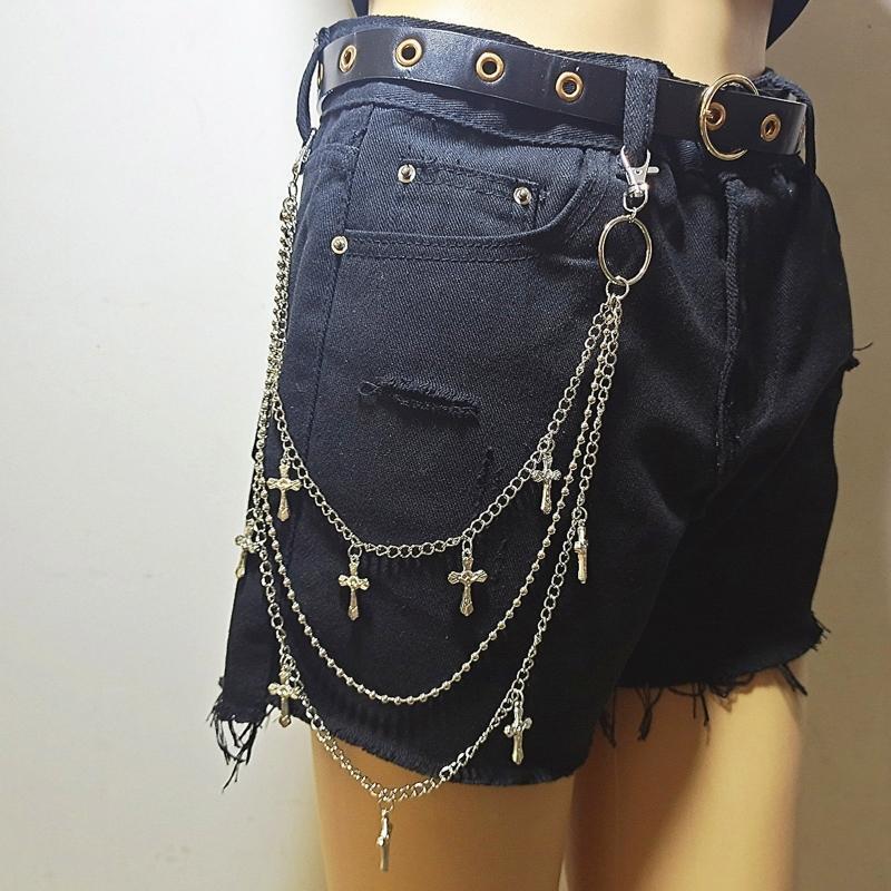 Fashion Harajuku Women Punk Chain Belt Multi-Layer Cross Pendant Chain for Jeans
