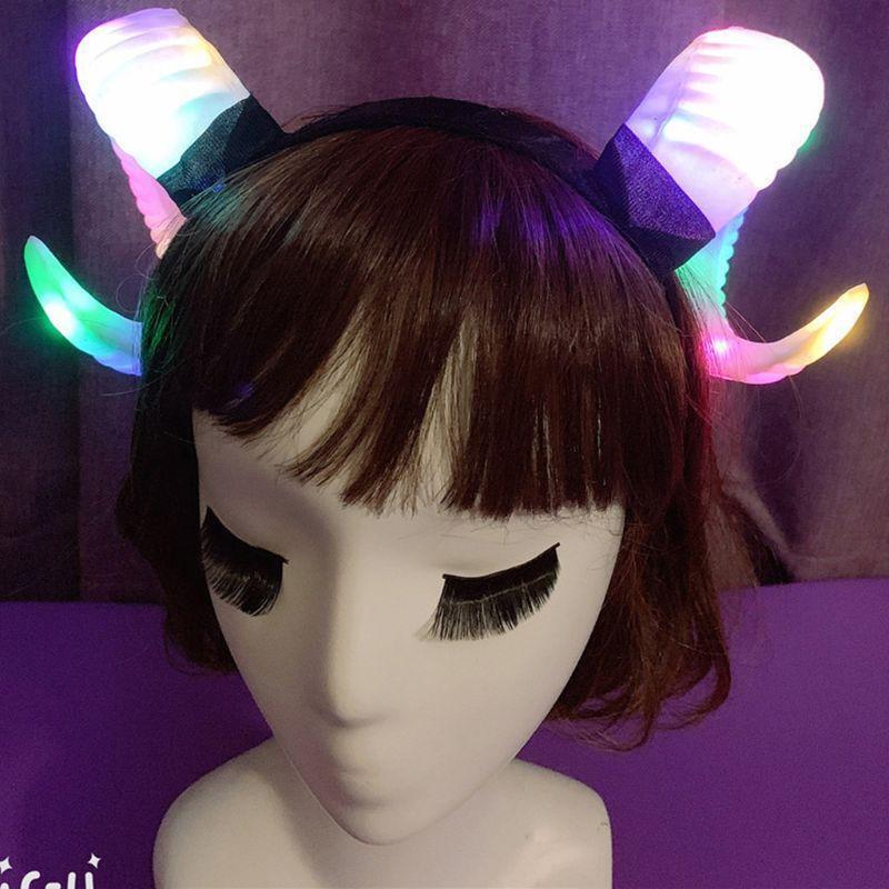 Gothic Womens Antelope Sheep Horn Headband LED Glowing Party Hair Hoop Light Up