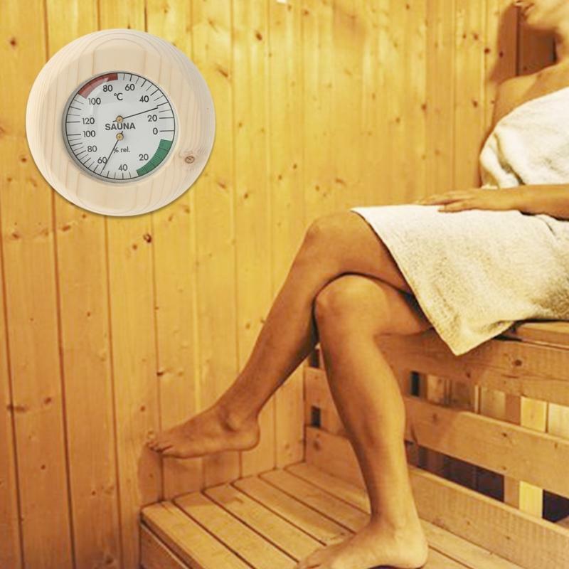 Solid Wood Grain Hygrothermograph Round Thermometer & Hygrometer Sauna Room Use
