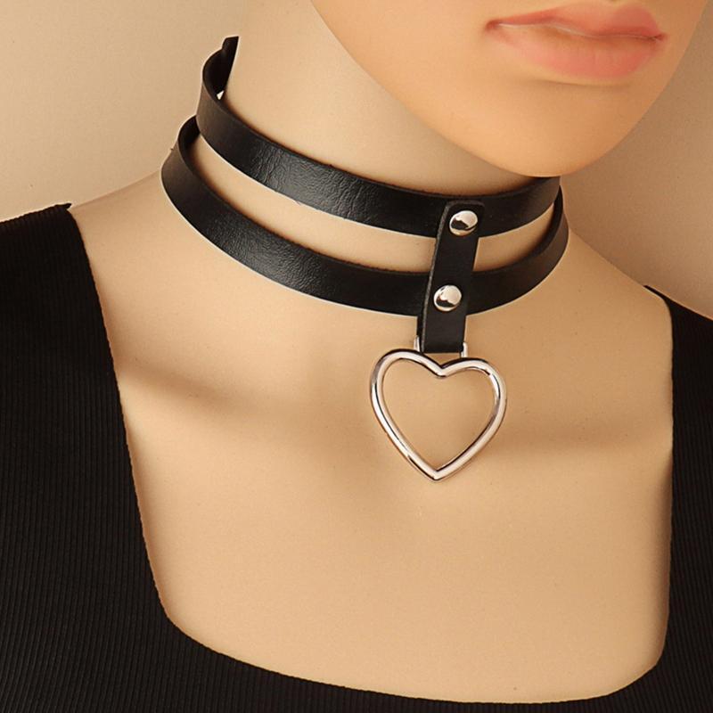 Adjustable Gothic Leather Choker Collar Layered Pu Heart Punk Choker Necklace
