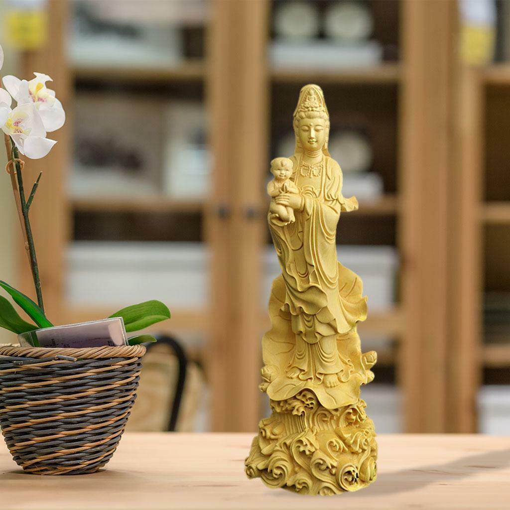 Boxwood Guanyin Sculpture Buddha Statue  for Tabletop Office Decor