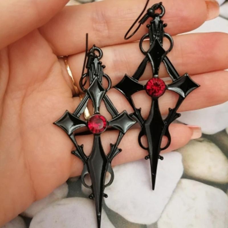 Halloween Steampunk Black Cross Metal Red Rhinestone Ear Pendant Jewelry Gifts