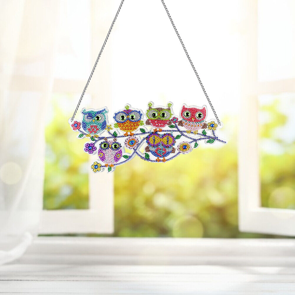 DIY Applique Diamond Wall Hanging Acrylic Door Window Pendant (6 Cute Owls)