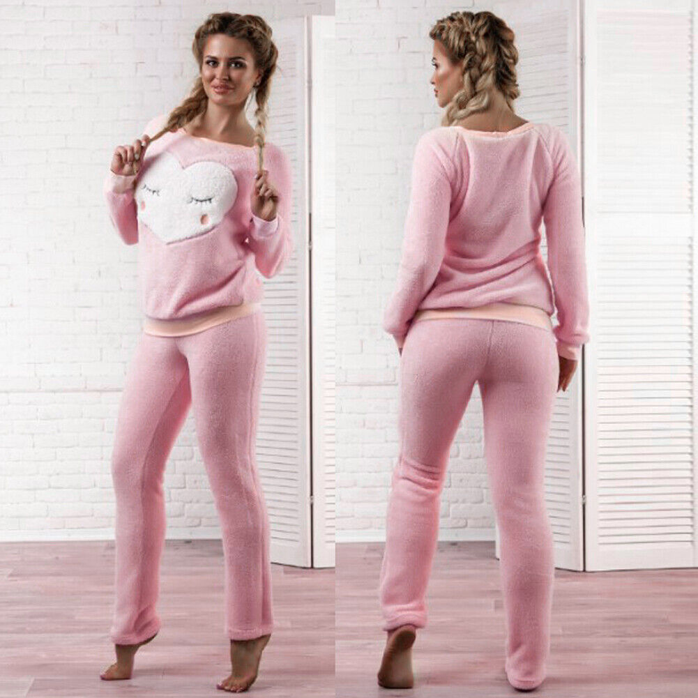 Women Pullover Two Pieces Sweatshirt Pants Trousers Outfits (Pink)(M)-12052