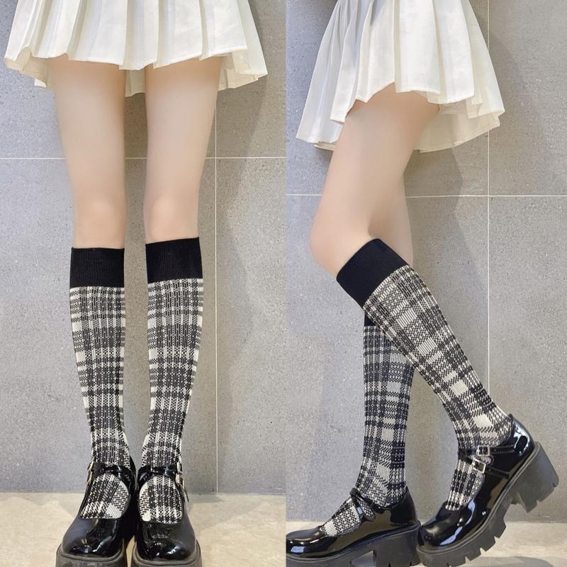 Maid Cute Lolita Socks Tube Long Socks Women Girl Knitted Plaid Cotton Knee High