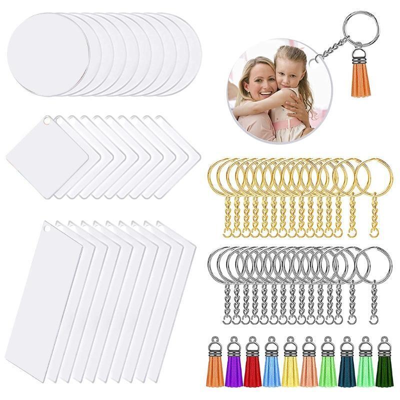 Acrylic Square Round Keychains Blank Colorful Tassels Metal Decoration Keyrings