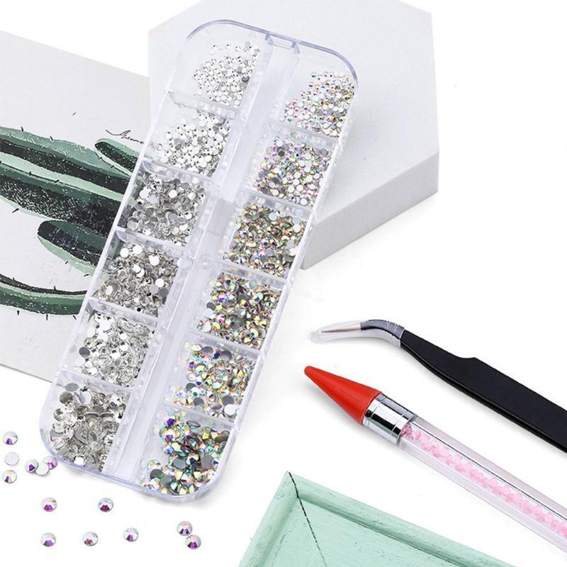 12 Grids Flatback Nail Art Decorations with Dual-ended Dotting Pen Tweezers Set
