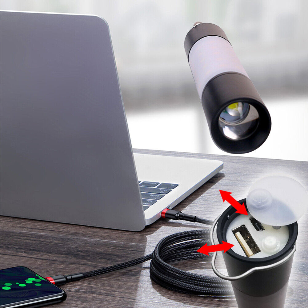 USB Rechargeable Hanging Flashlight Zoomable LED Torch Camping Tent Lamp