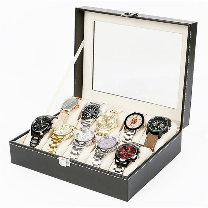 10 Grids Watch Box PU Leather Watches Display Case Jewelry Organizer with Lock