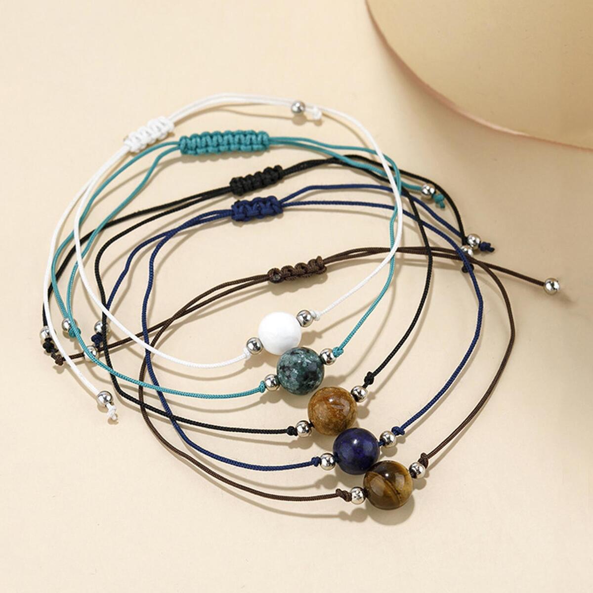 5 Pieces Braided Bead Bracelet Adjustable Wrist Jewelry Bangles for