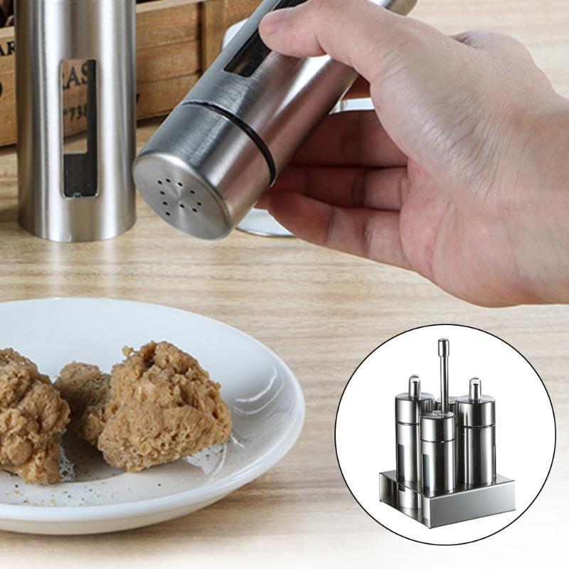 4 Pcs Stainless Steel Spice Jars Set with Storage Rack Cruet Condiment Salt Tool