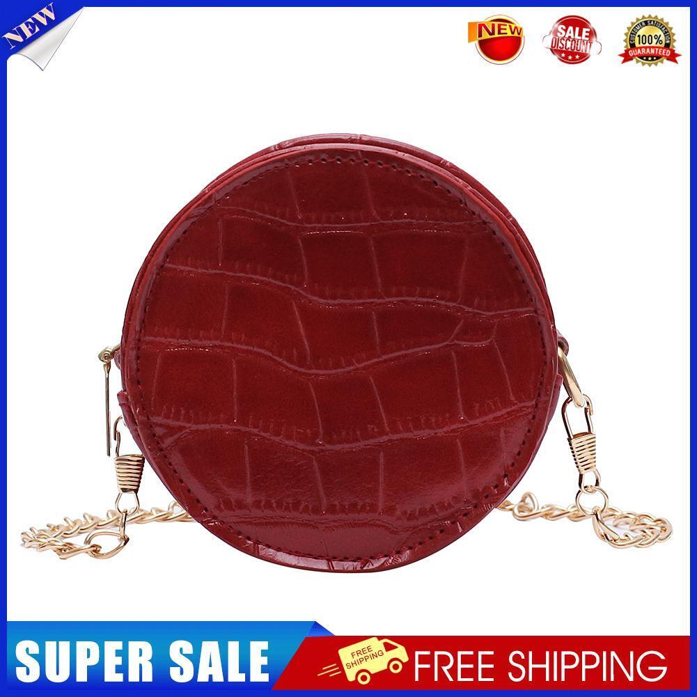 Women Mini Round Shoulder Bag PU Chain Messenger Solid Color Purse (Red)
