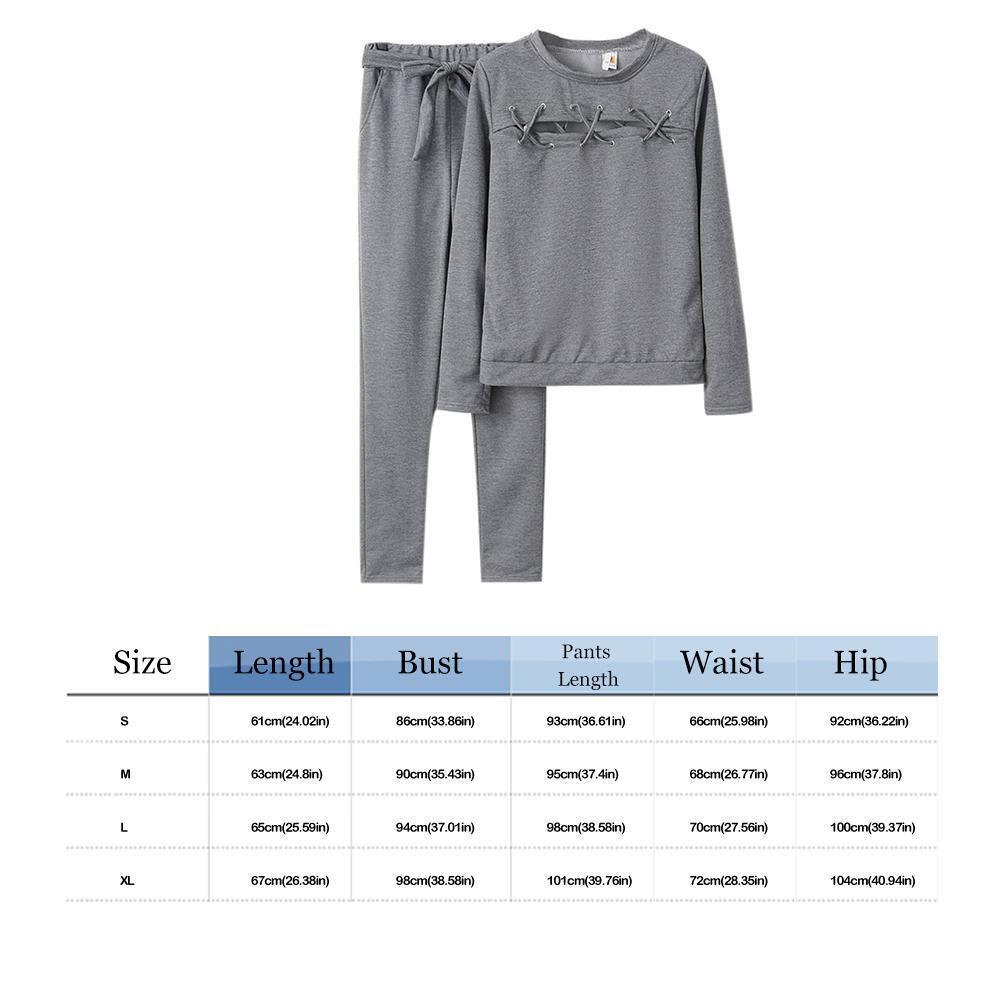 Women Hollow Sportswear 2pcs Clothes Sets Sweatershirt Pants (Grey XL)