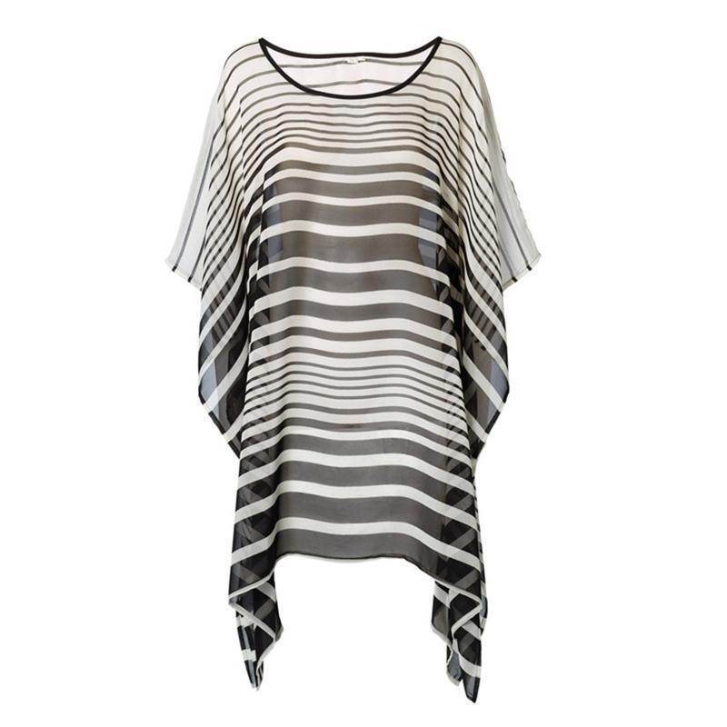 Women Strips Print Bikini Cover Up Batwing Sleeve Suit Coverup Beach Long Dress